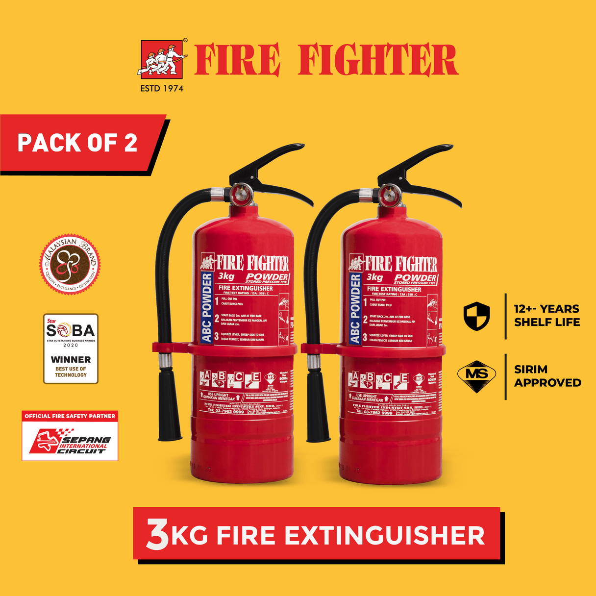 3KG ABC Dry Powder Fire Extinguisher (Pack of 2) - Fire Fighter Industry